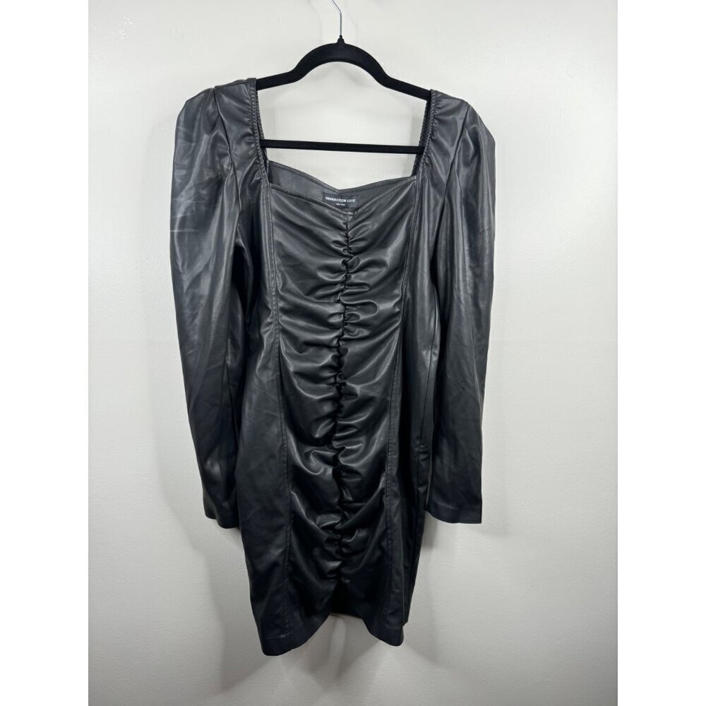 Generation Love Estelle Ruched Black Vegan Leather Mini Dress Size M NWT Fitted - Picture 4 of 6